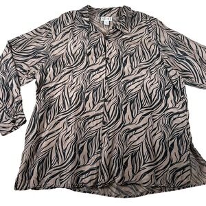 STUNT Womens 2X Silk Button Up Shirt Brown Black Zebra Animal Print Long Sleeve
